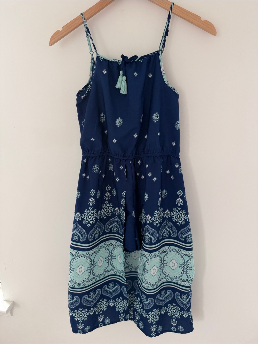 Girls Navy Blue Printed Romper with Tassel Tie Size 12